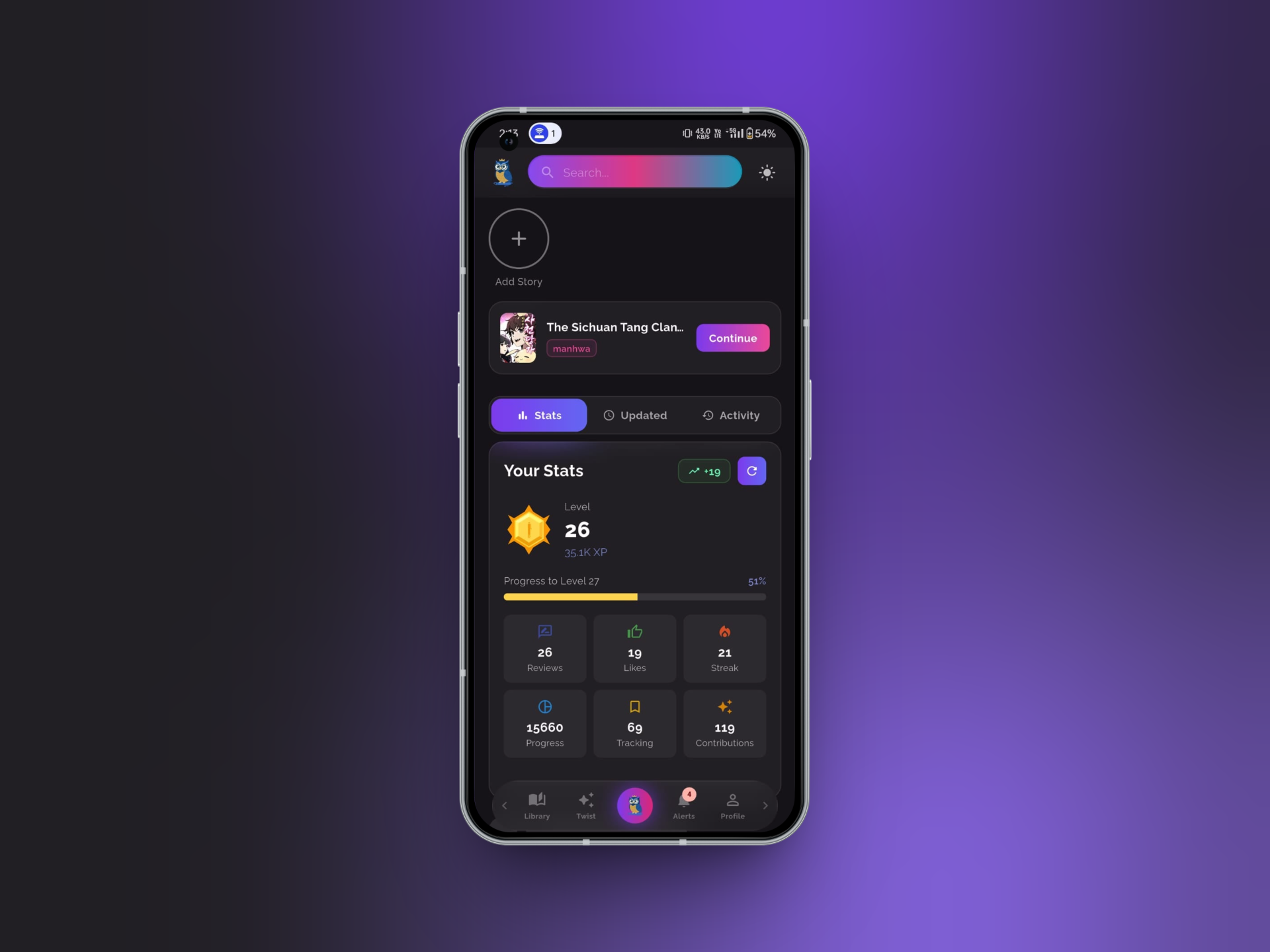 Companion app showing library stats, streaks and tracking progress